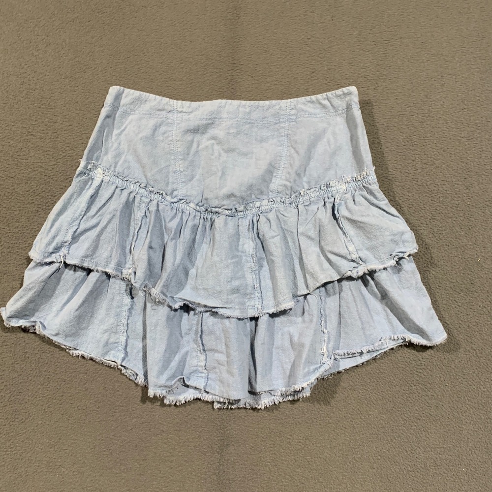 Free People Mini Skirt Womens 10 Light Blue Tiered Ruffle Cotton Boho Festival